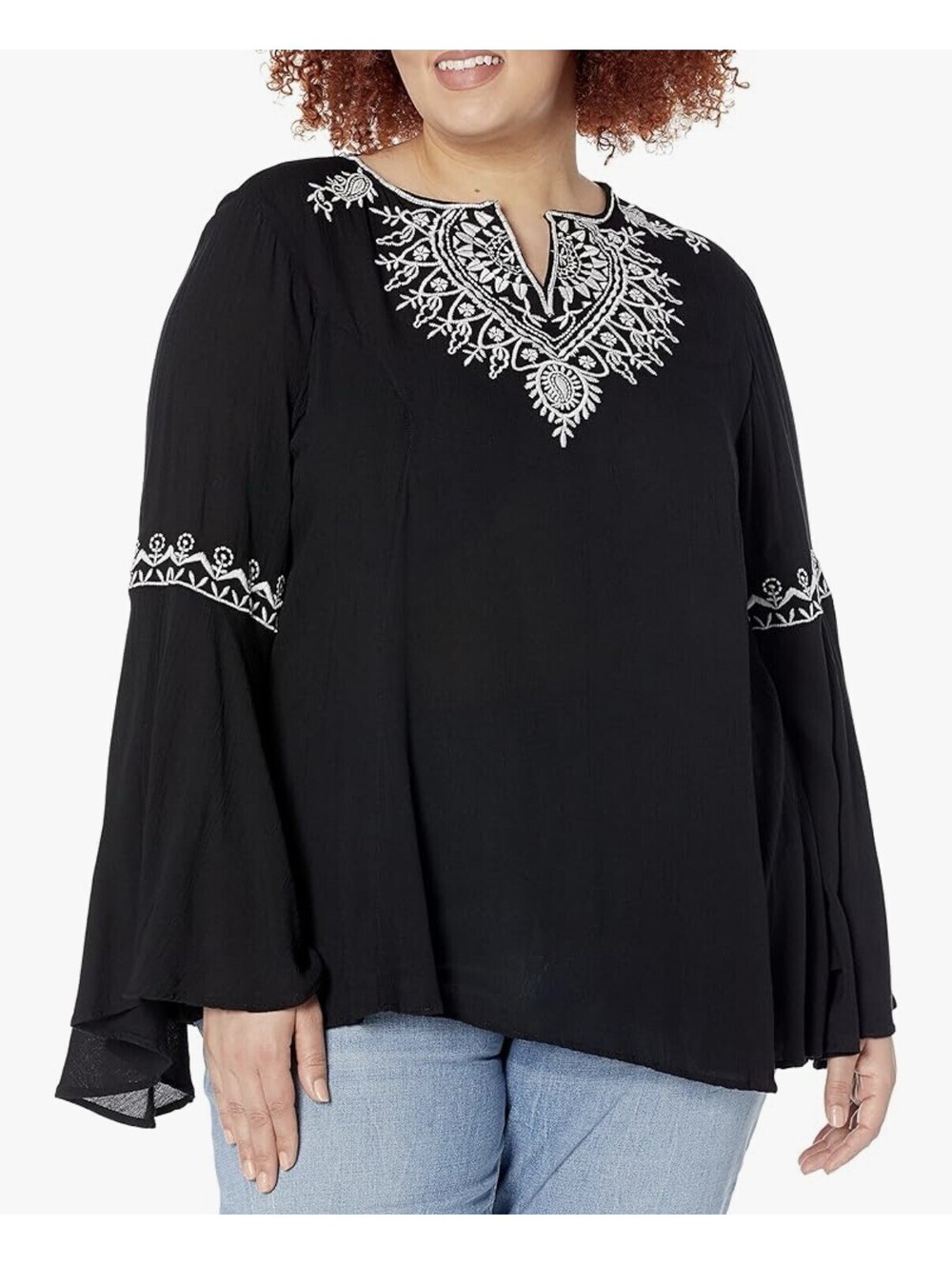 Angie Black Embroidered Bohemian Tunic Top 2X Plus Size Bell Sleeve Blouse
